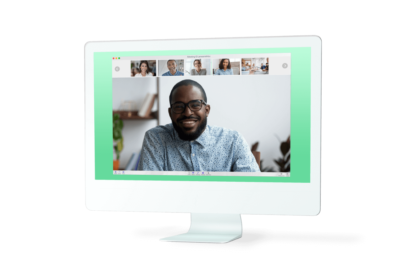 man on computer using Startmeeting video conferencing