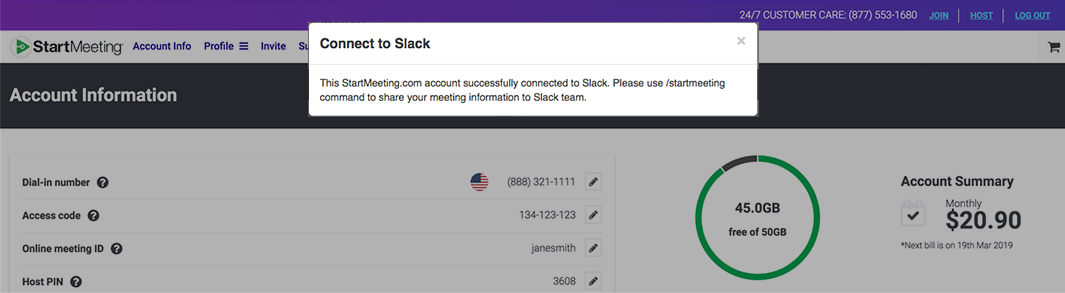 Pop up confirmation StartMeeting connect to Slack